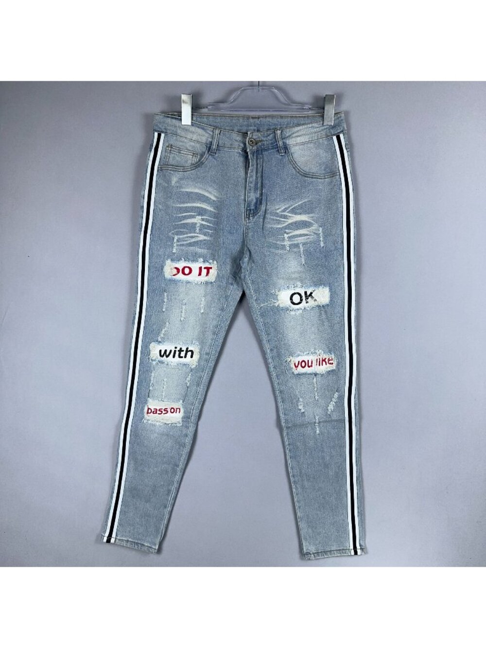 Shein Jeans Size 31 Skinny Distressed Light Wash Side Stripes Text Patchwork